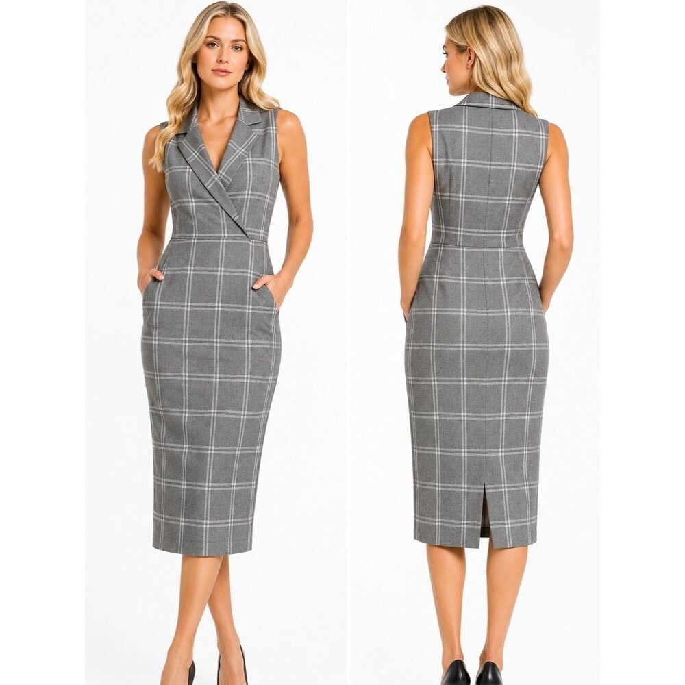 ASOS Tall Plaid Sleeveless Wrap Midi Sheath Dress Women Gray Windowpane Sz 6 NWT